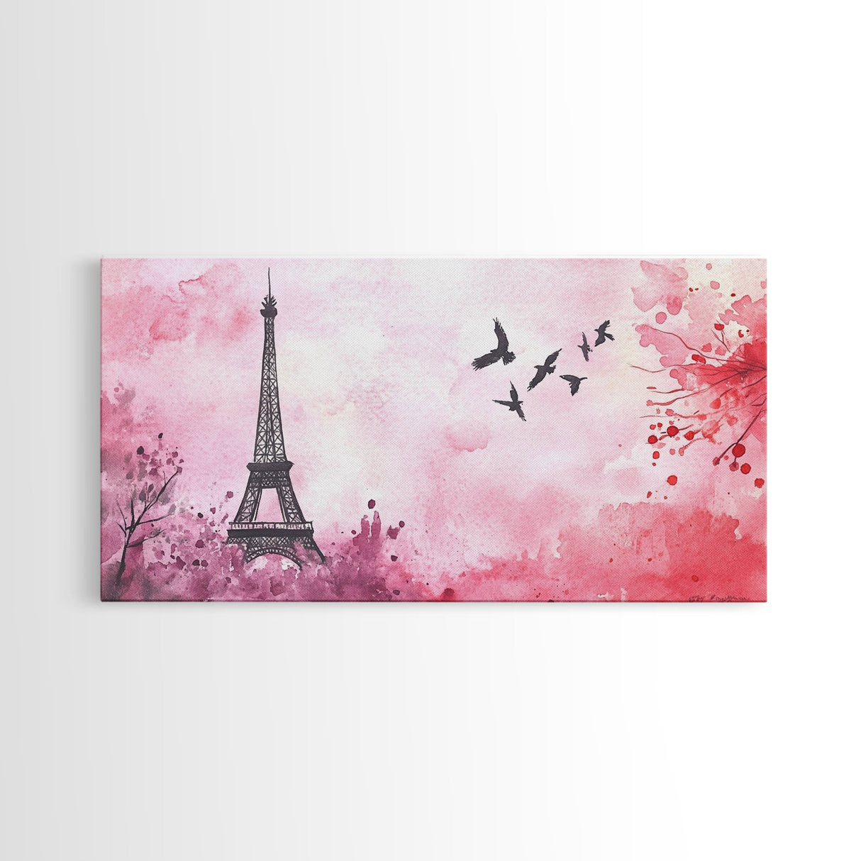 Eiffel Tower and Birds Canvas Print, Parisian Skyline Painting, Romantic Pink Wall Art, Whimsical French Decor, Guest Room Art