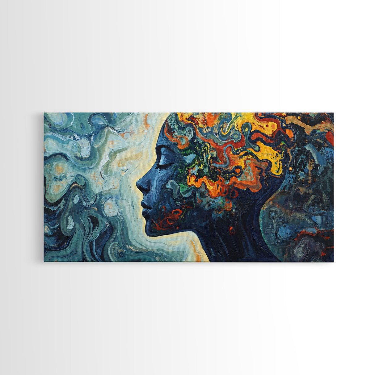Abstract Woman Mind Framed Canvas Print - Artistic Brain Art Therapy Decor - Blue and Green Geometric Wall Art Minimalist Style