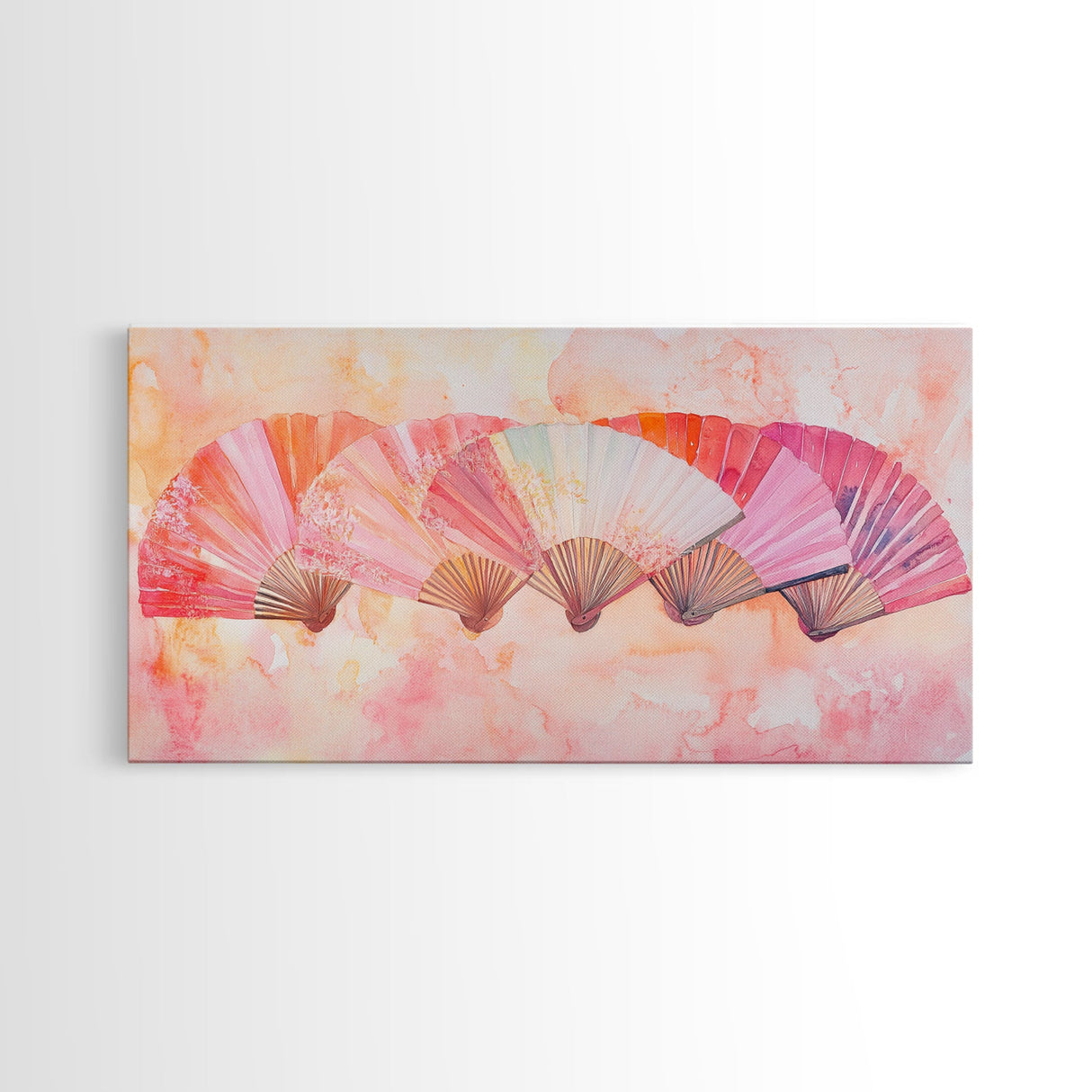 Fan Arrangement Canvas Print | Moroccan Wall Art, Chinoiserie Wall Art, Wabi Sabi Art, Light Pink Decor, Extra Wide Wall Art, Above Sofa Art