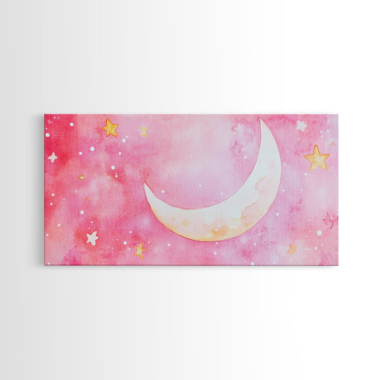 Crescent Moon and Stars Design in Pink Wall Art Style on Framed Canvas Print, Nursery or Bedroom Light Pink Whimsical Art
