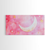 Crescent Moon and Stars Design in Pink Wall Art Style on Framed Canvas Print, Nursery or Bedroom Light Pink Whimsical Art