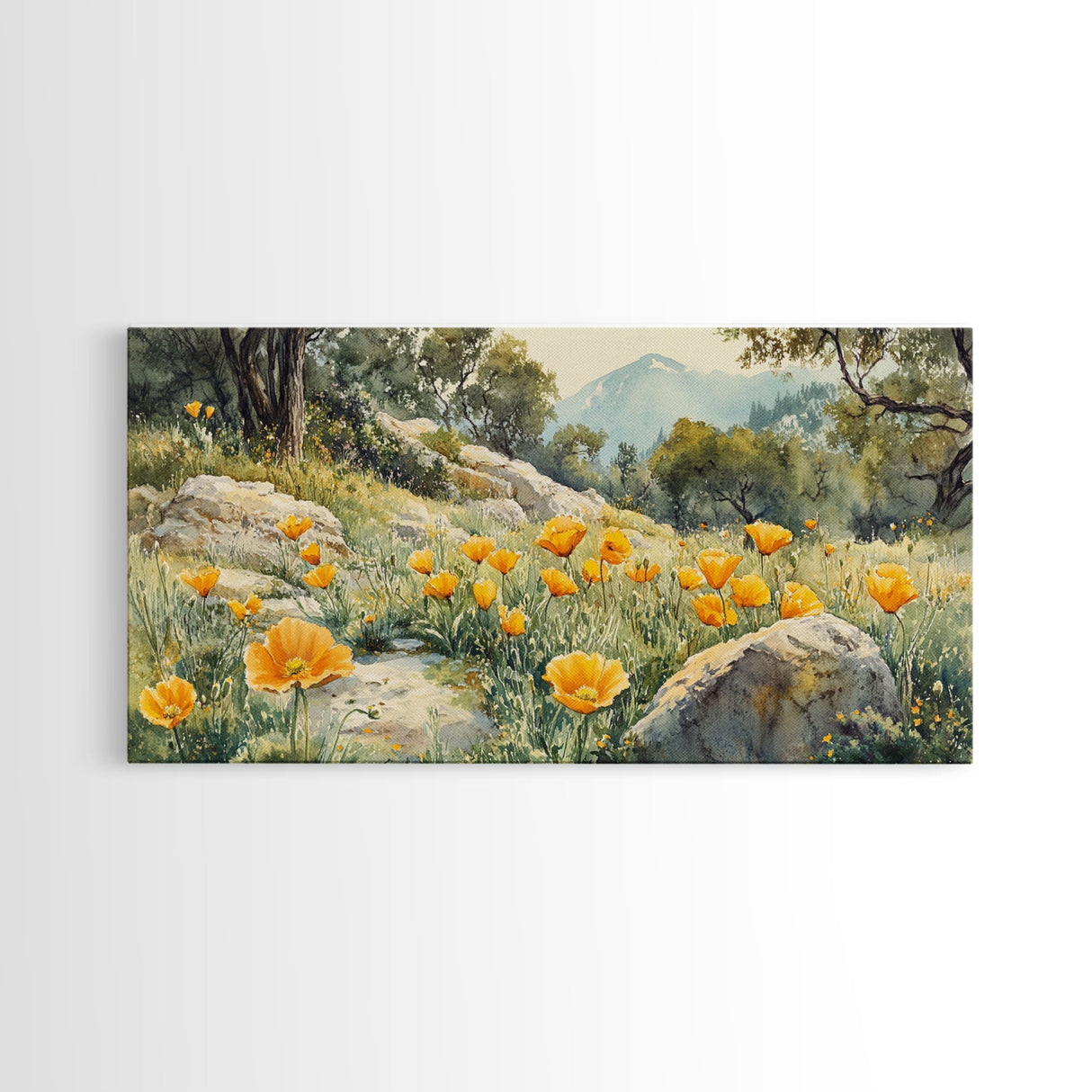 California Poppy Art Landscape Framed Canvas Print Wildflower Wall Art Rustic Decor Above Sofa Living Room Art Gift Idea