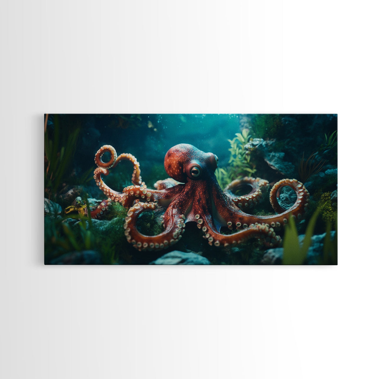 Majestic Octopus Framed Canvas Print, Coastal Decor Wall Art, Marine Wildlife Painting, Ocean Life Nautical Theme, Rustic Home Art