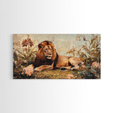 Regal Lion in Wildflowers Framed Canvas Print, Safari Wildlife Painting, African Rustic Wall Art, Boho Nature Decor, Animal Kingdom Art