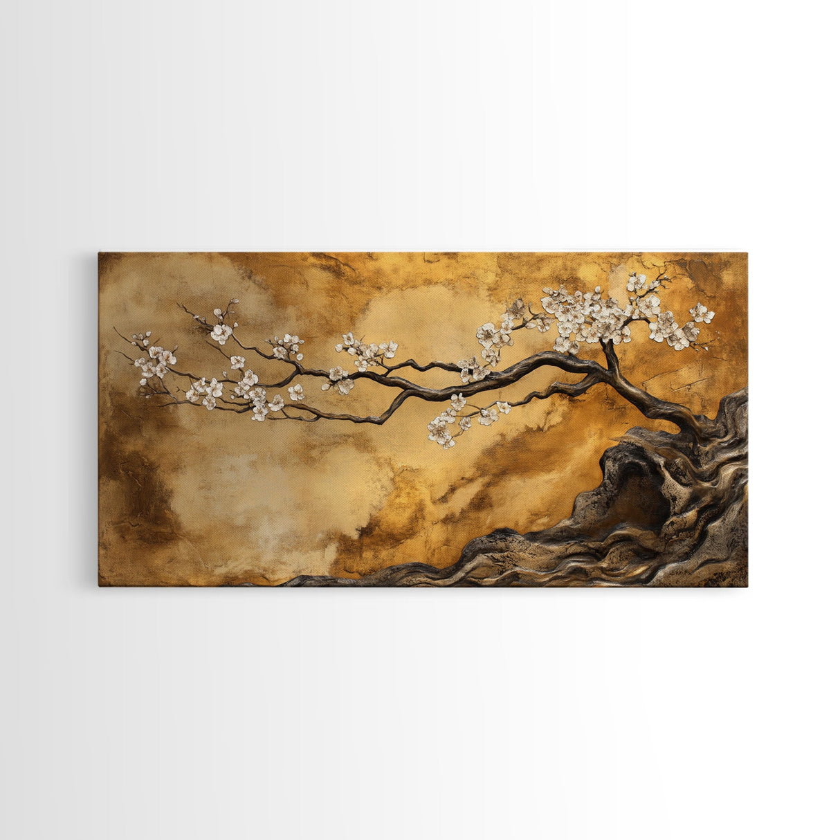 Framed Canvas Print of Golden Cherry Blossom Art in Chinoiserie Style with Metallic Details, Elegant Botanical Wall Art Gift