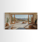 Framed Canvas Print of Desert Retreat with Cactus and Mountain View, Southwest Wall Art, Living Room Boho Decor