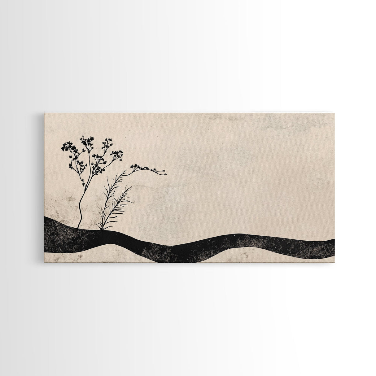 Minimalist Nature Framed Canvas Print, Wabi Sabi Wall Art Above Sofa Decor, Rustic Botanical Artwork Idea Horizontal Bedroom Decor