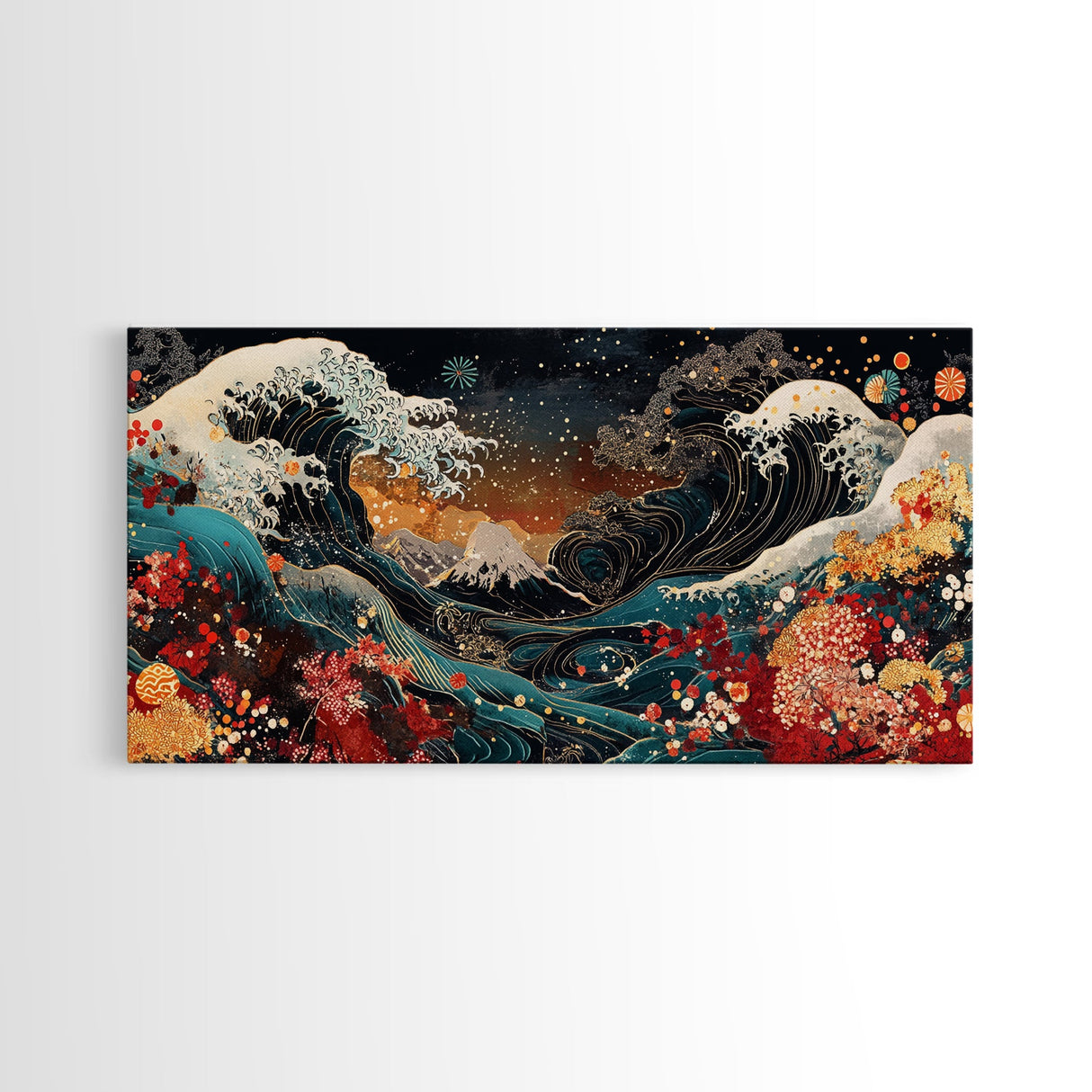 Ocean Waves Framed Canvas Print, Japanese Inspired Coastal Wall Art, Nautical Decor, Coastal Landscape Art, Extra Wide Panoramic Art
