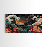 Ocean Waves Framed Canvas Print, Japanese Inspired Coastal Wall Art, Nautical Decor, Coastal Landscape Art, Extra Wide Panoramic Art