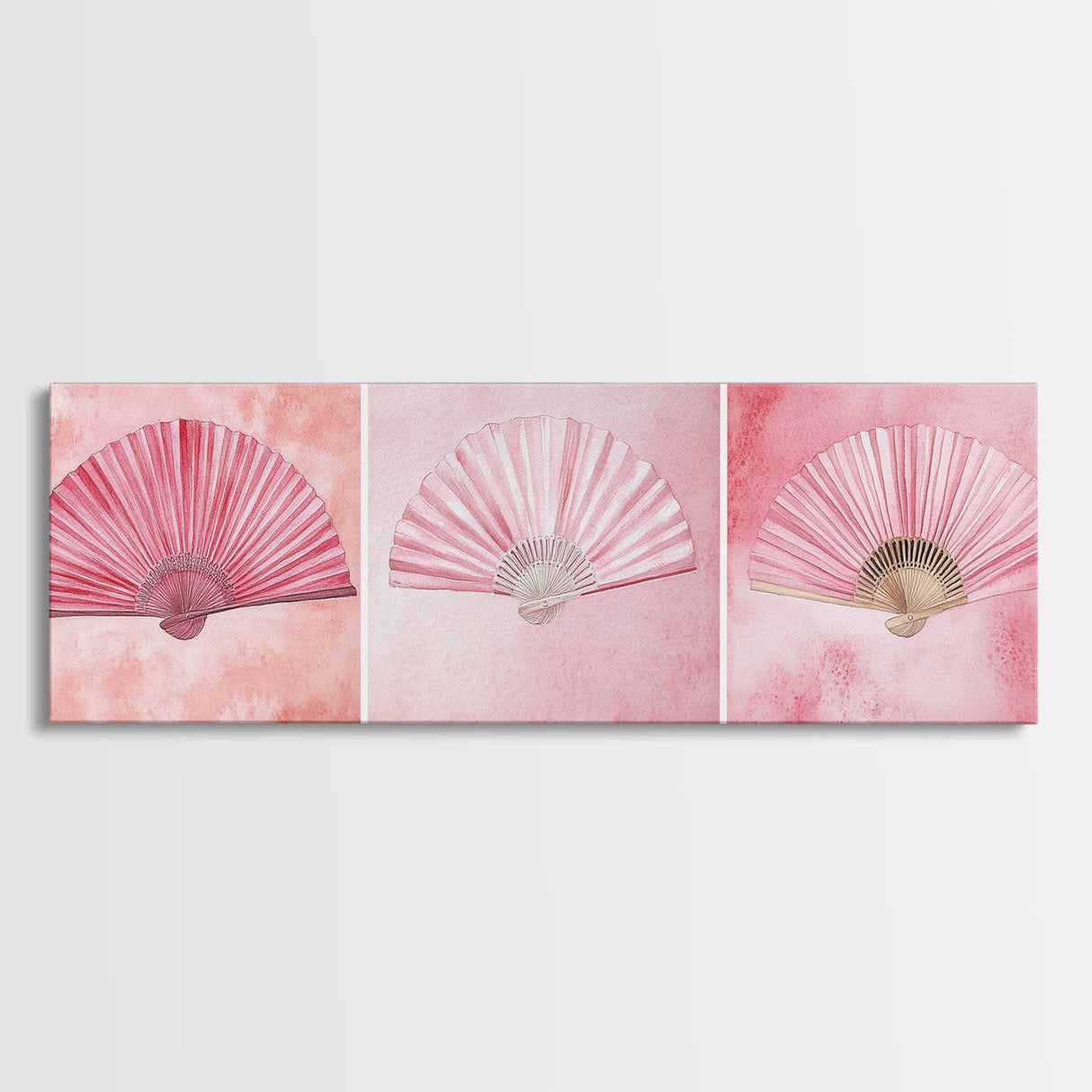 Trio of Elegant Fans Canvas Print, Minimalist Boho Pink Artwork, Oriental Fan Wall Art for Bedroom, Light Pastel Wall Decor Idea