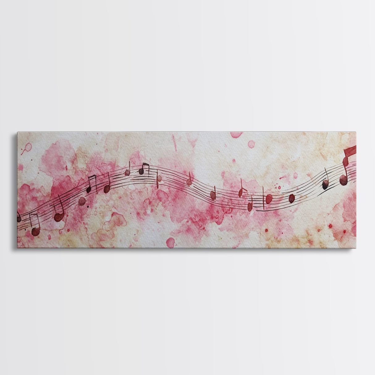 Pink Musical Notes Canvas Print, Rustic Abstract Artwork for Living Room, Nostalgic Art Nouveau Style, Horizontal Wall Art Decor