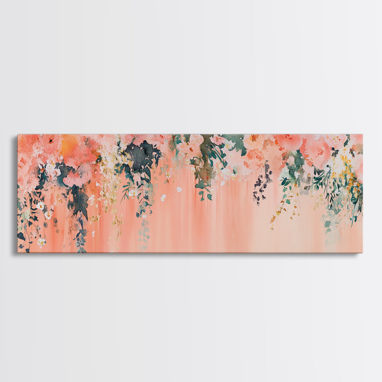 Floral Wildflower Painting Framed Canvas Print, Watercolor Botanical Prints in Peach and Green, Vertical Rustic Farmhouse Wall Art