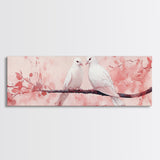 White Dove Painting on Cherry Branch, Canvas Print, Cherry Blossom Art, Bedroom Aesthetic, Whimsical Decor, Spring Wall Art Style