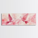 White Doves in Flight Artwork, Framed Canvas Print, Angelic Light Pink Wall Art, Whimsical Bedroom Decor, Feminine Spring Style
