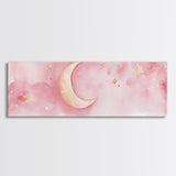 Crescent Moon with Stars Painting, Canvas Print, Light Pink Whimsical Wall Art, Nursery Aesthetic Artwork, Minimalist Cozy Decor