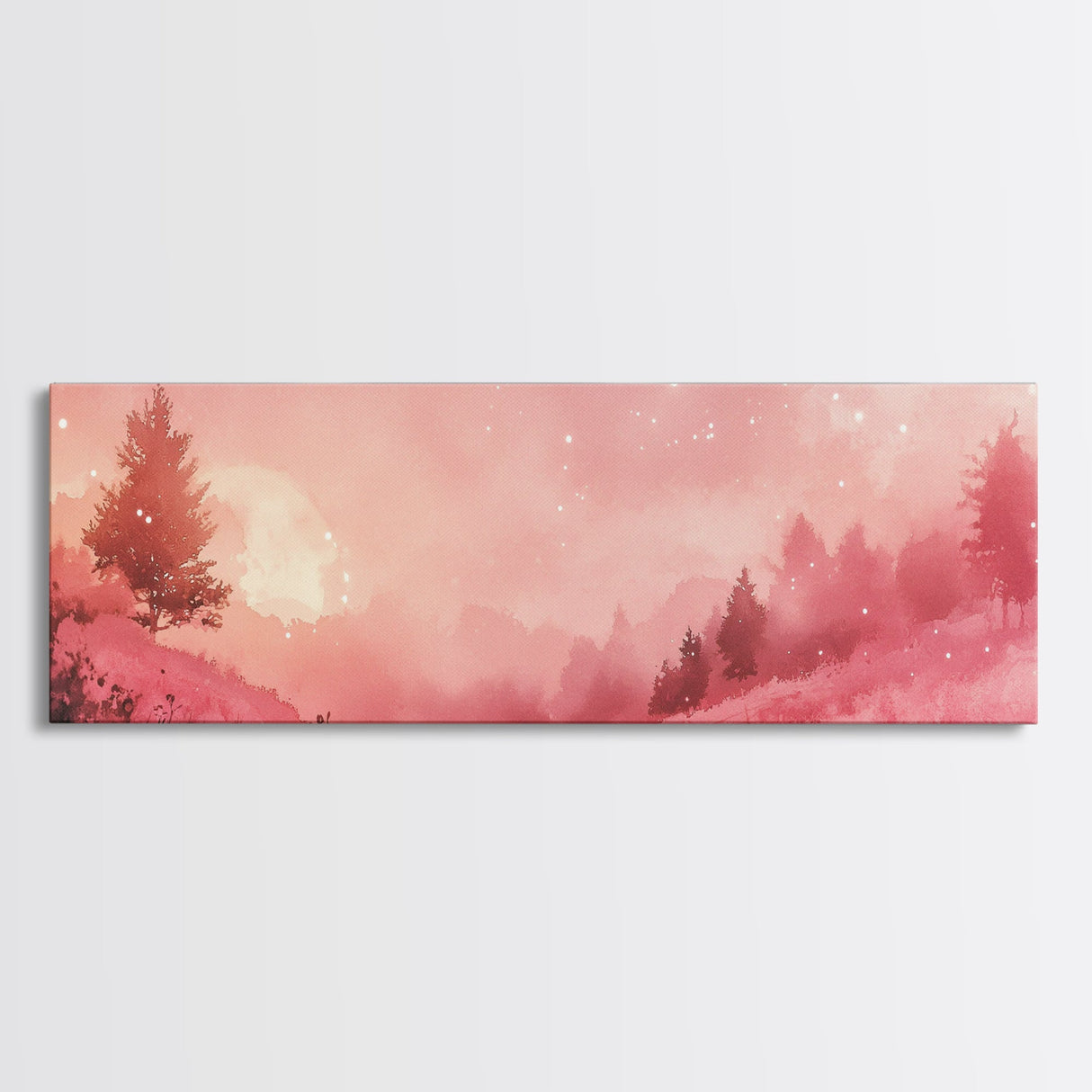 Misty Pink Landscape Canvas Print Forest at Dusk Painting Light Pink Wall Art Smoky Mountain Art Panoramic Art Bedroom Decor Gift