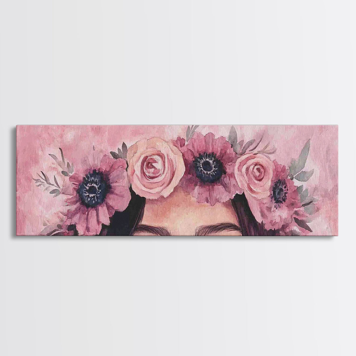 Floral Crown Canvas Print Pink Rose Painting Goddess Art Print Feminine Wall Art Botanical Artwork Whimsical Framed Bedroom Art