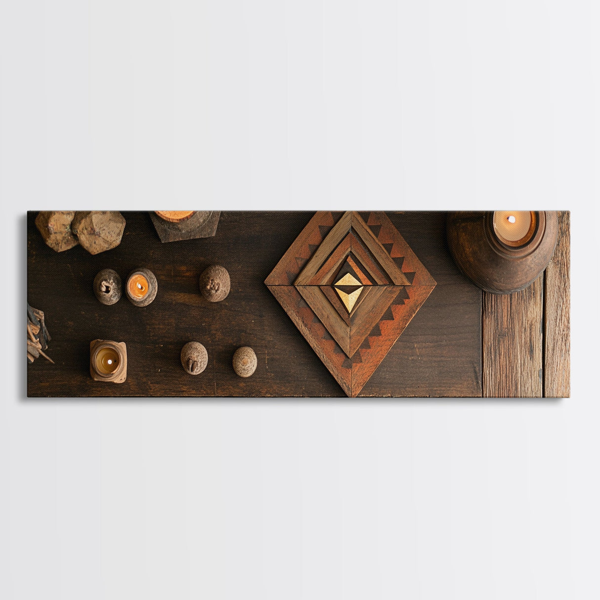 Wabi Sabi Framed Canvas Print Wooden Geometric Art Sacred Geometry Modern Rustic Decor Living Room Unique Gift Idea