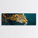 Leopard In Motion Framed Canvas Print - Abstract Jungle Painting, Teal And Orange Wildcat Art, Modern Safari Wall Decor, Bedroom Accent