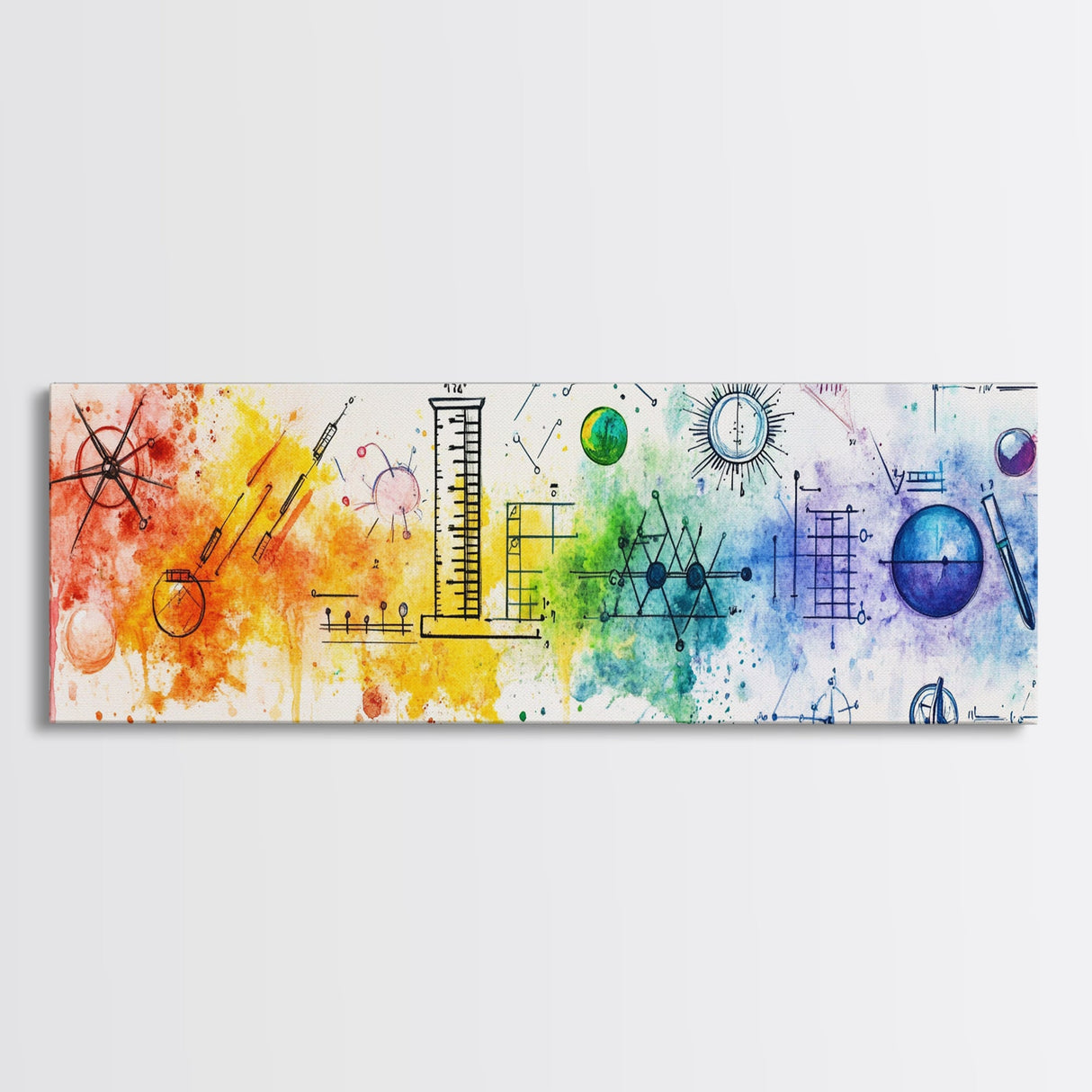 Vibrant Canvas Print of Colorful Science Art with Abstract Chemistry Diagrams, Therapy Art, Brain Art, Guest Room Art, Extra Wide Art