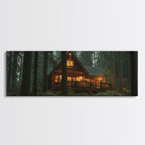 Warm Forest Cabin Framed Canvas Print, Rustic Decor Wall Art, Cozy Woodland Scene Painting, Moody Autumn Landscape, Living Room Art Piece