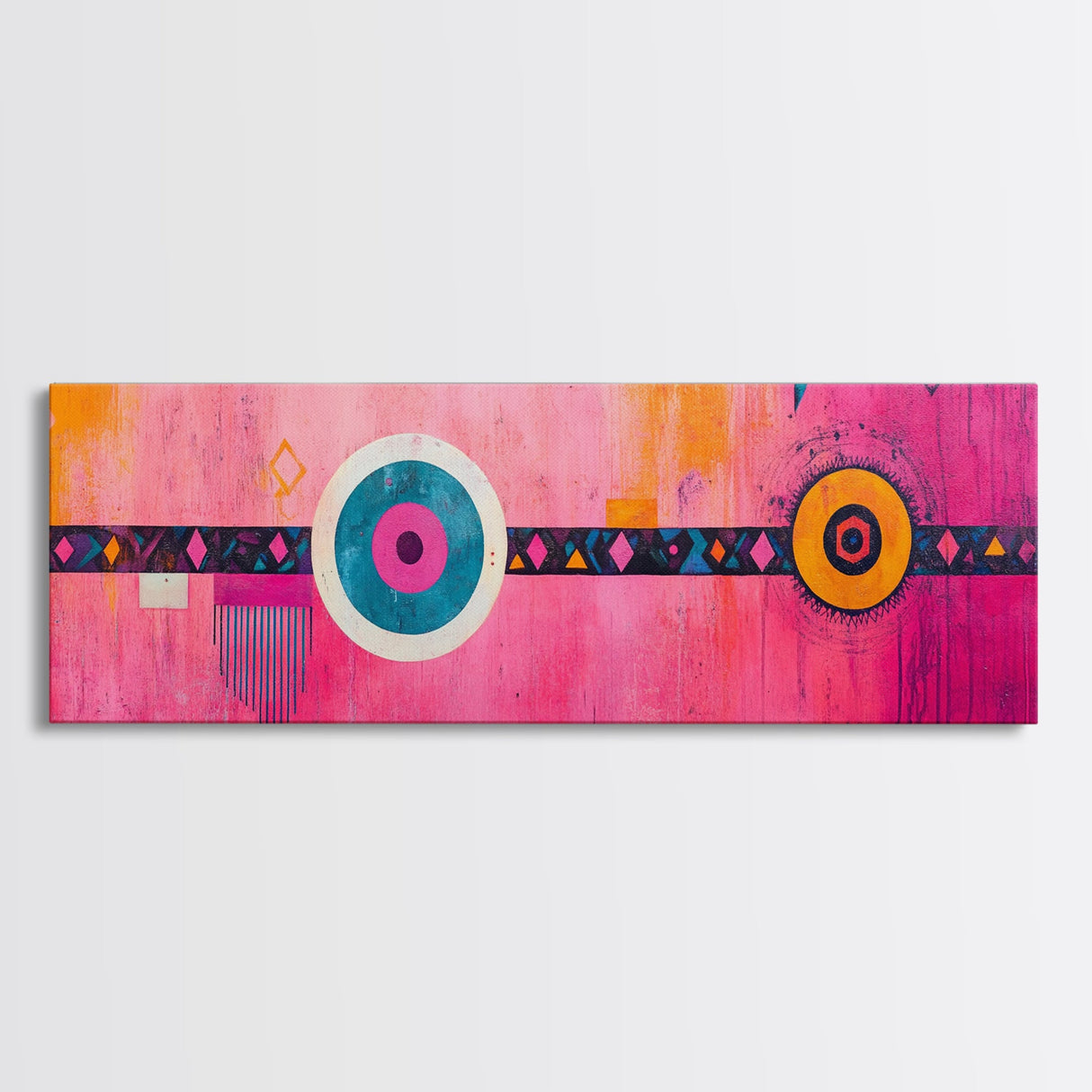 Pink Geometric Abstract Canvas Print Modern Wall Art Whimsical Boho Design Minimalist Art Long Narrow Extra Wide Statement Piece