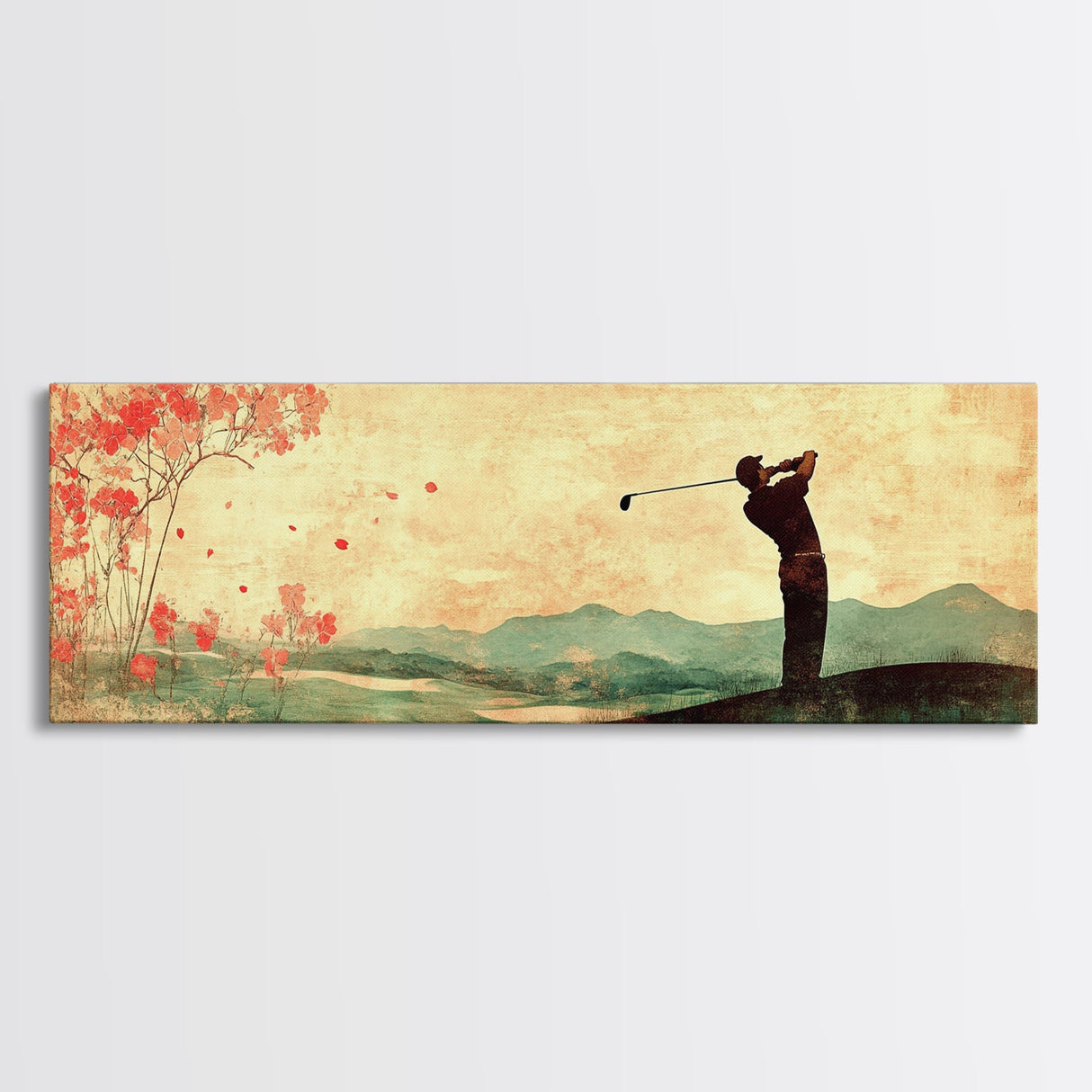 Golf Swing Elegance Framed Canvas Print – Rustic Decor, Golf Art, Panoramic Painting, Horizontal Wall Art, Gift Idea For Him