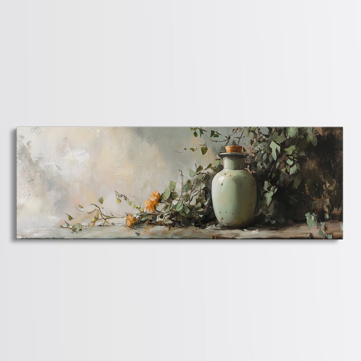 Minimalist Vase with Leaves Framed Canvas Print – Botanical Prints, Green Wall Art, Rustic Wall Art, Above Bed Wall Art, Gift Idea For Her