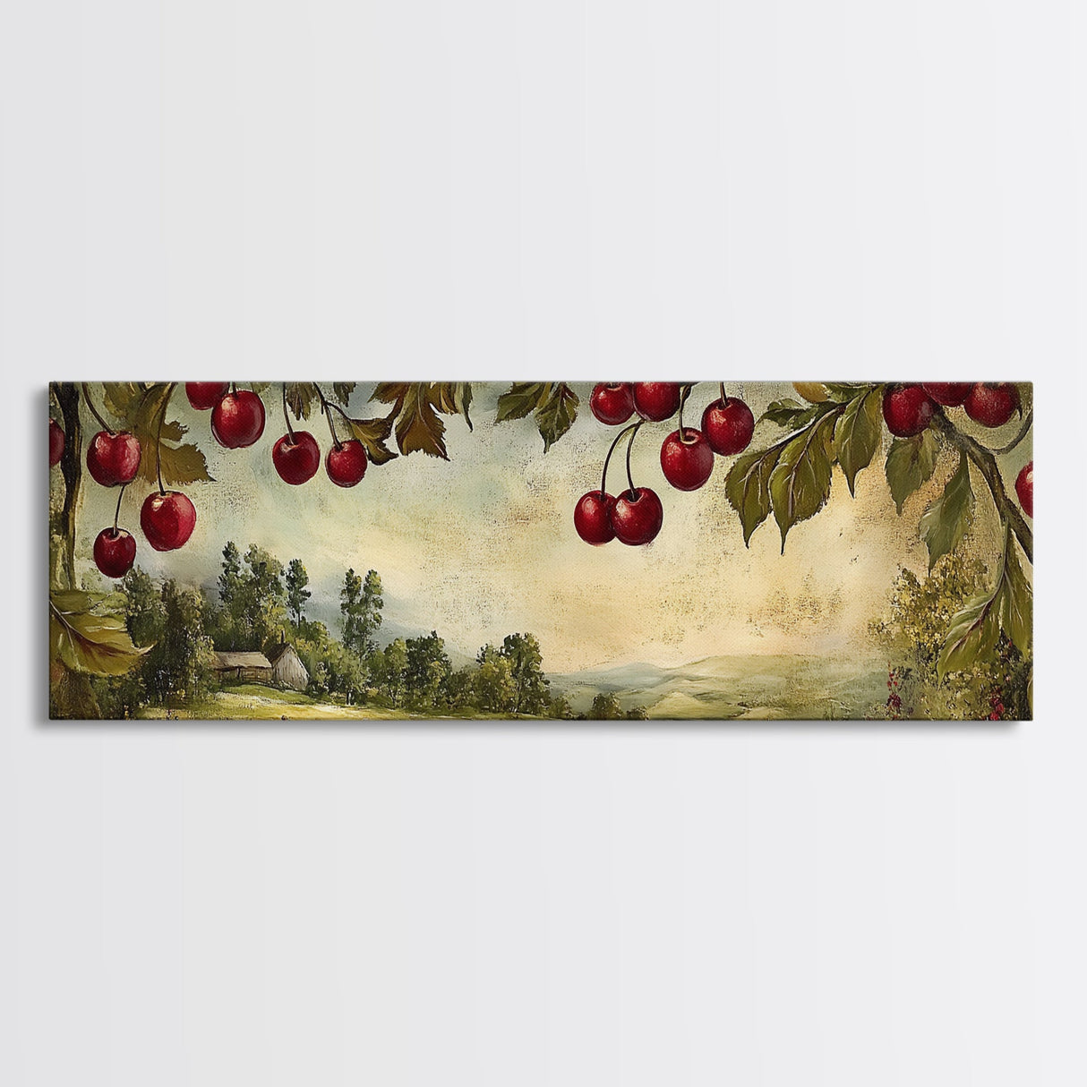 Framed Canvas Print Cherries Wall Art Panoramic Rustic Decor Living Room Horizontal Landscape Art Farmhouse Gift Idea Painting