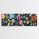 Mosaic Wall Art Wildflower Painting Framed Canvas Print, Botanical Print Horizontal Artwork, Whimsical Art Piece Above Sofa Decor