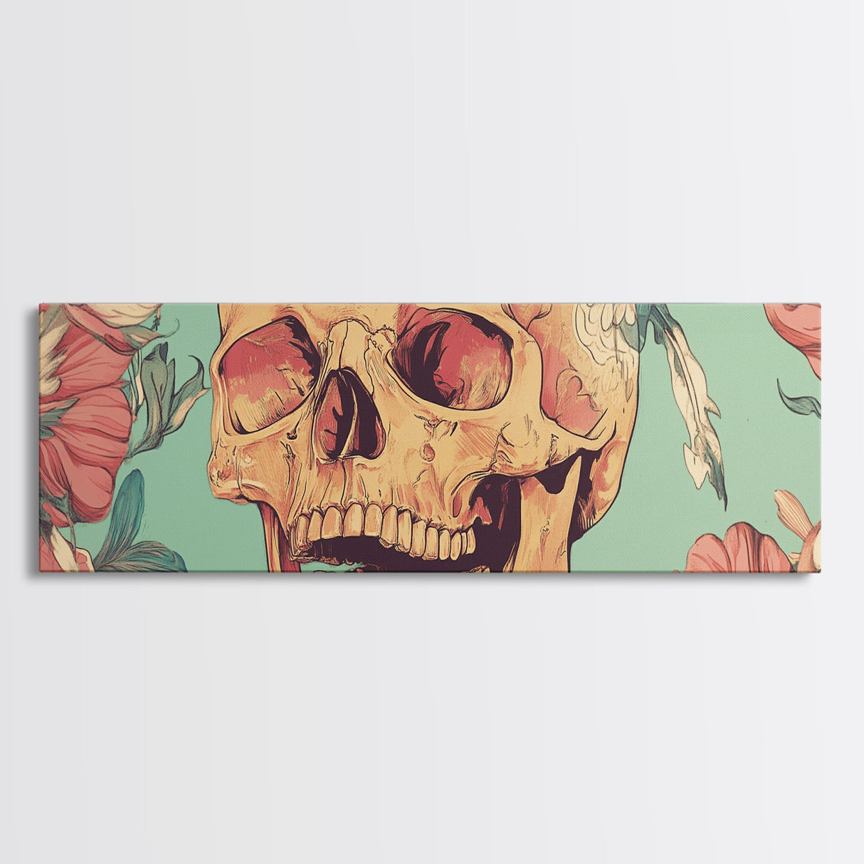 Skull Art with Wildflower Motif Framed Canvas Print, Botanical and Whimsical Wall Art Gift Idea, Rustic and Moody Decor Living Room Art