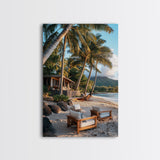 Vibrant Palm Tree Beach Framed Canvas Print – Coastal Decor Wall Art, Hawaiian Landscape Painting, Tropical Nautical Wall Art