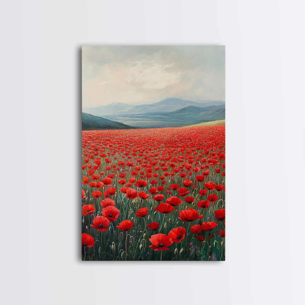 Scenic Poppy Field Framed Canvas Print, Rustic Landscape Painting, Bedroom Art, Farmhouse Wall Decor, Extra Wide Rustic Art