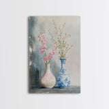 Delicate Vases Framed Canvas Print Wildflower Painting Botanical Prints Minimalist Art Light Pink Wall Art Rustic Decor Gift Idea