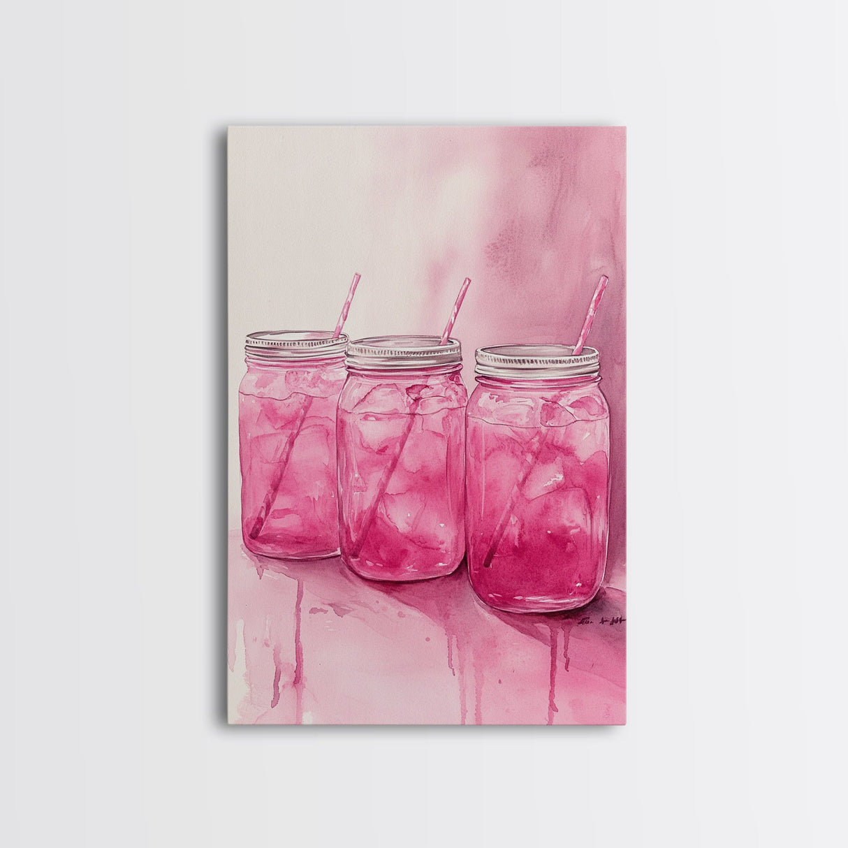 Pink Lemonade Jars Framed Canvas Print Food Review Kitchen Art Light Pink Wall Art Whimsical Art Rustic Decor Farmhouse Style