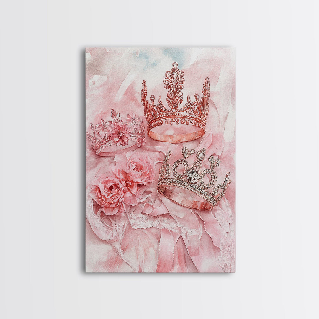 Elegant watercolor crowns and roses painting, framed canvas print, rose painting, goddess art print, chic pink wall art for living room
