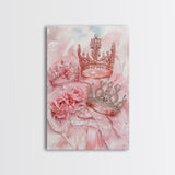 Elegant watercolor crowns and roses painting, framed canvas print, rose painting, goddess art print, chic pink wall art for living room