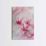 Origami Cranes Canvas Print, Pink Paper Bird Art, Minimalist Zen Decor, Whimsical Artwork Bedroom Wall Art, Japanese-Inspired Gift
