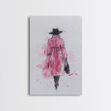 Woman in Coat Framed Canvas Print Light Pink Wall Art Moody Minimalist Fashion Illustration Rustic Aesthetic Unique Gift Idea