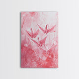 Origami Cranes Canvas Print Japanese Inspired Light Pink Wall Art Whimsical Minimalist Rustic Aesthetic Unique Gift Idea Art