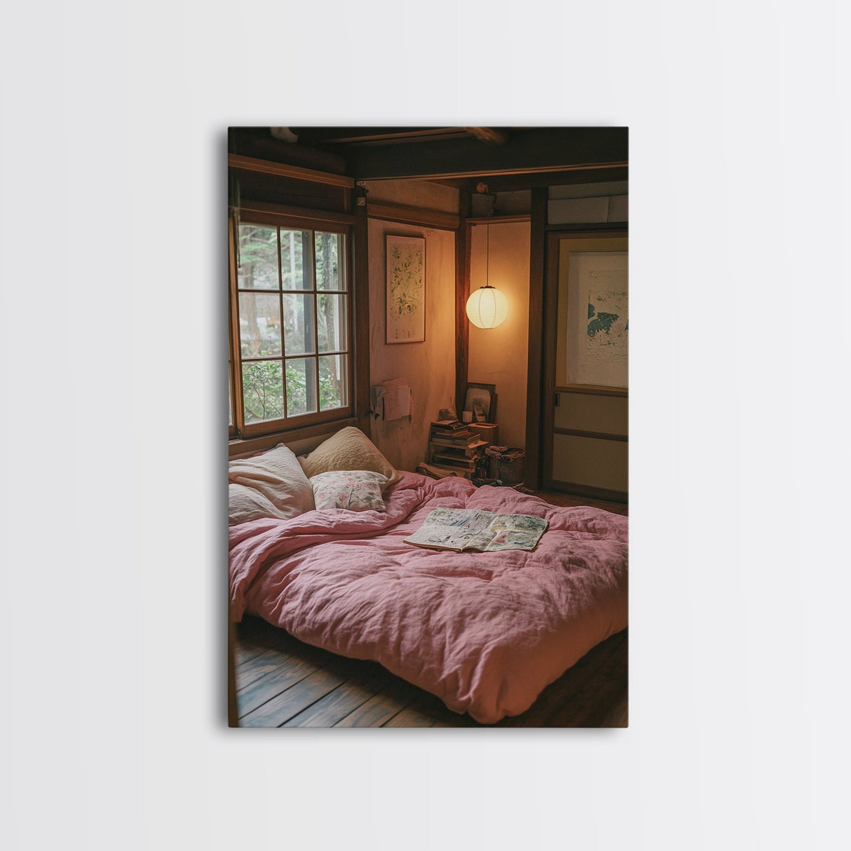 Minimalist Japanese Bedroom Art Canvas Print Wabi Sabi Home Decor Pink Cozy Wall Art Framed Living Room Art Piece Modern Gift