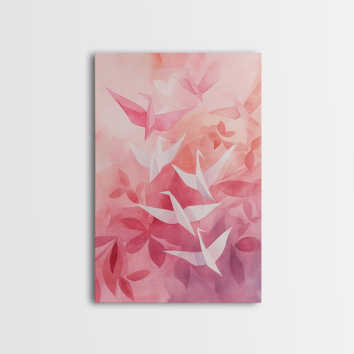 Origami Crane Painting Framed Canvas Print Whimsical Wall Art Light Pink Room Decor Minimalist Art Cherry Blossom Inspired Gift Idea