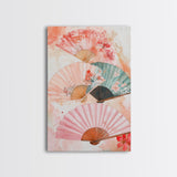 Japanese Fan Art Canvas Print Cherry Blossom Painting Chinoiserie Wall Art Boho Decor Vertical Wall Art Gift Idea Original