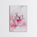 Elegant Pink Perfume Bottles Framed Canvas Print, Feminine Bathroom Art Light Pink Decor, Whimsical Gift Idea for Her Room