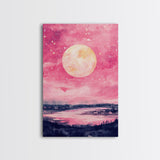 Moonlit Sky over Lake Framed Canvas Print, Pink Night Landscape Painting Coastal Wall Art, Minimalist Bedroom or Guest Room Decor