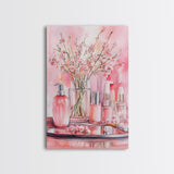 Pink wildflower botanical prints with glass bottles framed canvas print for bedroom or guest room rustic decor gift idea her wall art