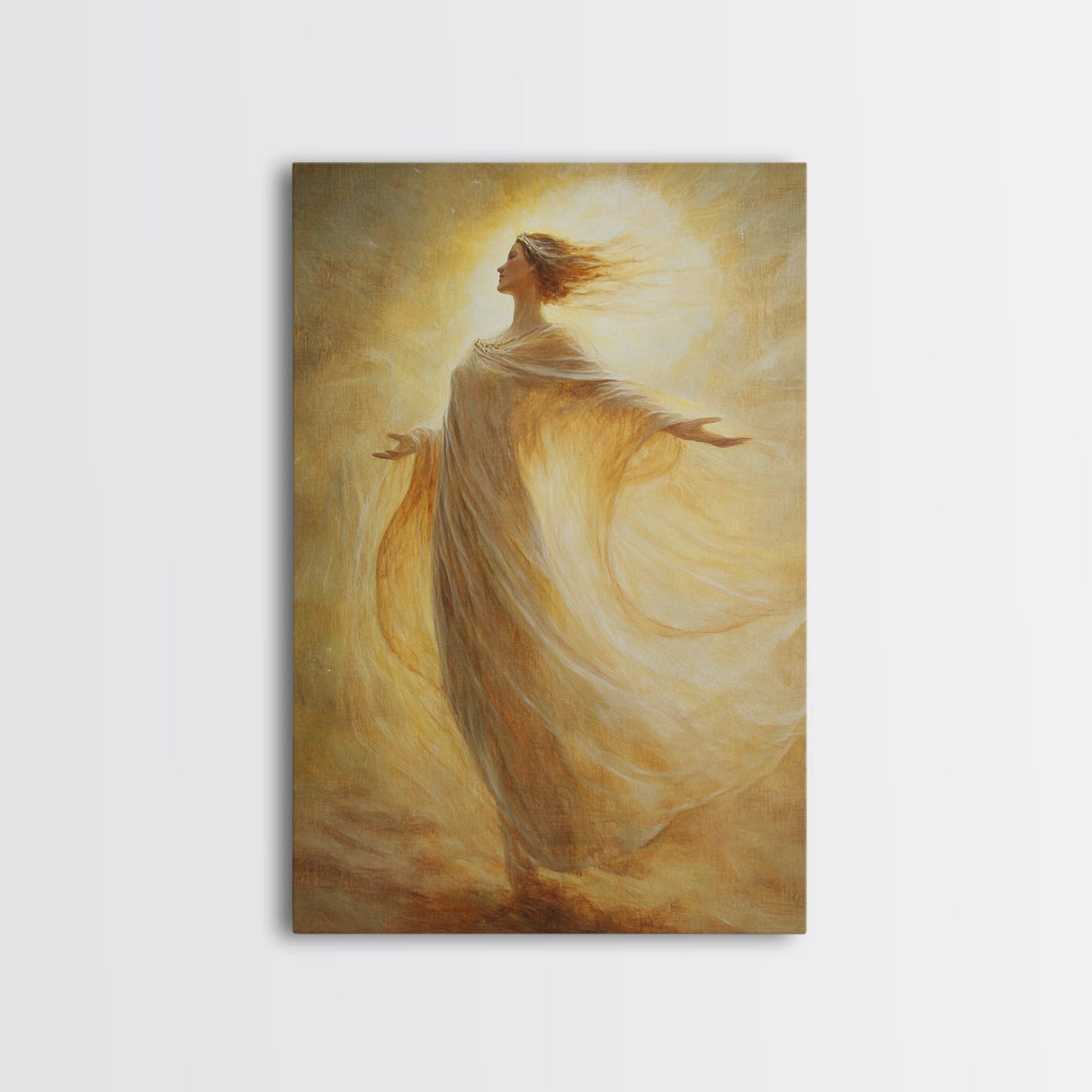 Radiant Golden Goddess Canvas Print, Stunning Angel Art Prints in Moody Style, Perfect Above Bed or as Warm Bedroom Wall Art
