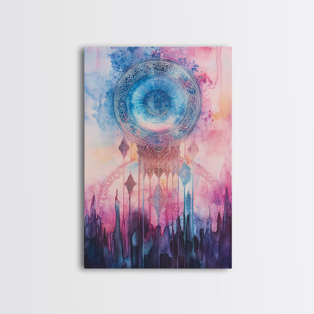 Mystic Sacred Geometry Framed Canvas Print with Bahai Art Elements and Vibrant Pink Blue Abstract, Boho Home Wall Decor