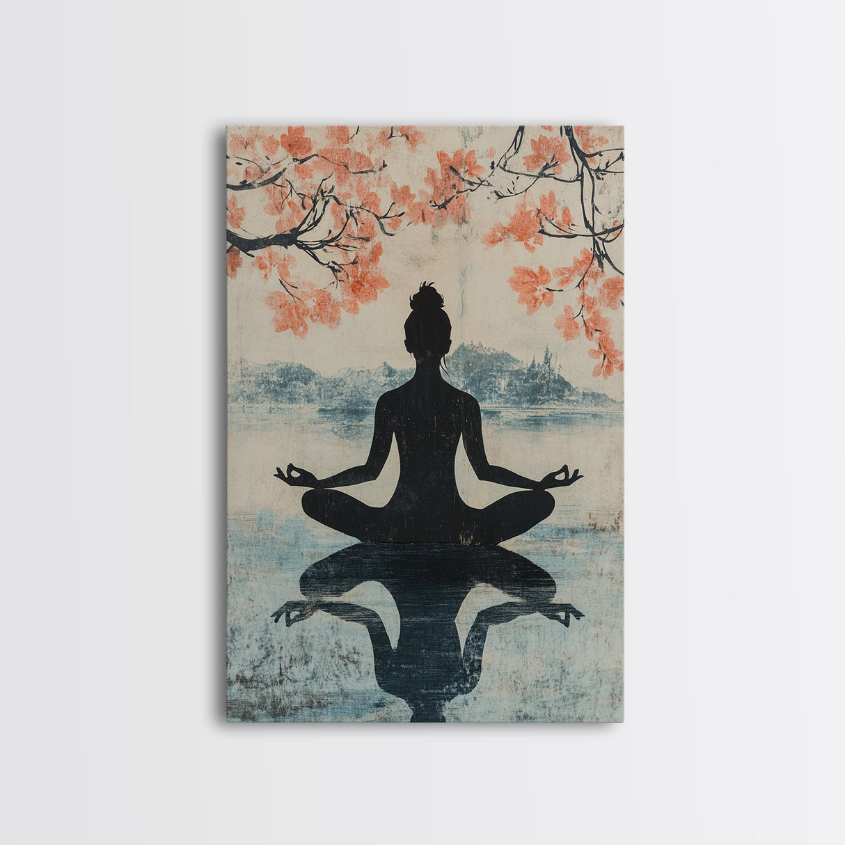 Cherry Blossom Canvas Print Featuring Zen Silhouette, Oriental Inspired Wabi Sabi Art, Minimalist Yoga Wall Art for Tranquility