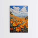 California Poppy Canvas Print with Vibrant Wildflower Painting, Rustic Living Room Art, Nature Landscape for Farmhouse Wall Decor